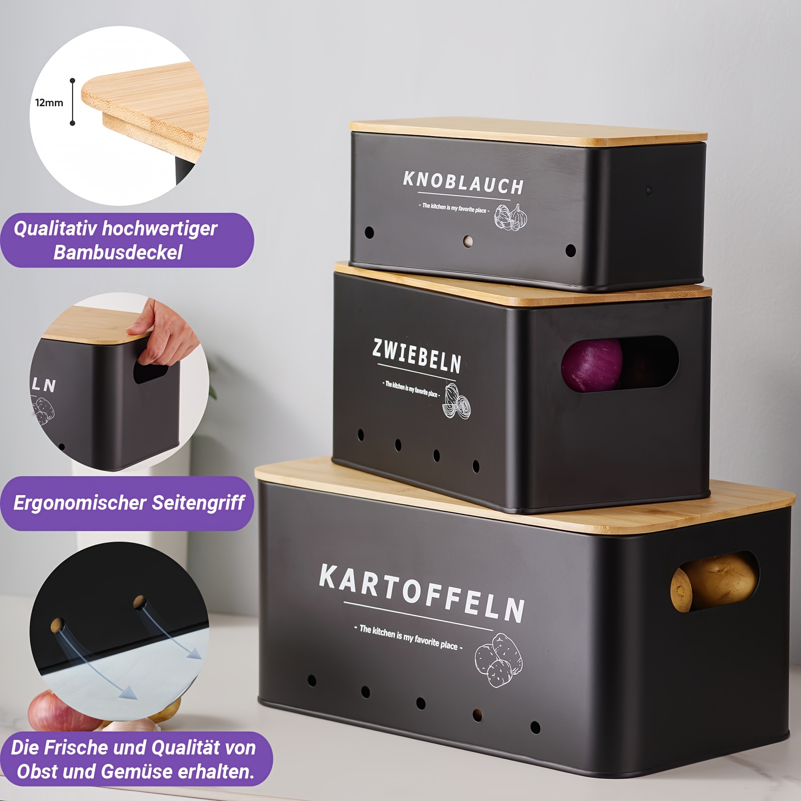 Potato Storage Box 3pcs Set, 360° Air Circulation For Freshness, For Onions, Potatoes, Garlic Black