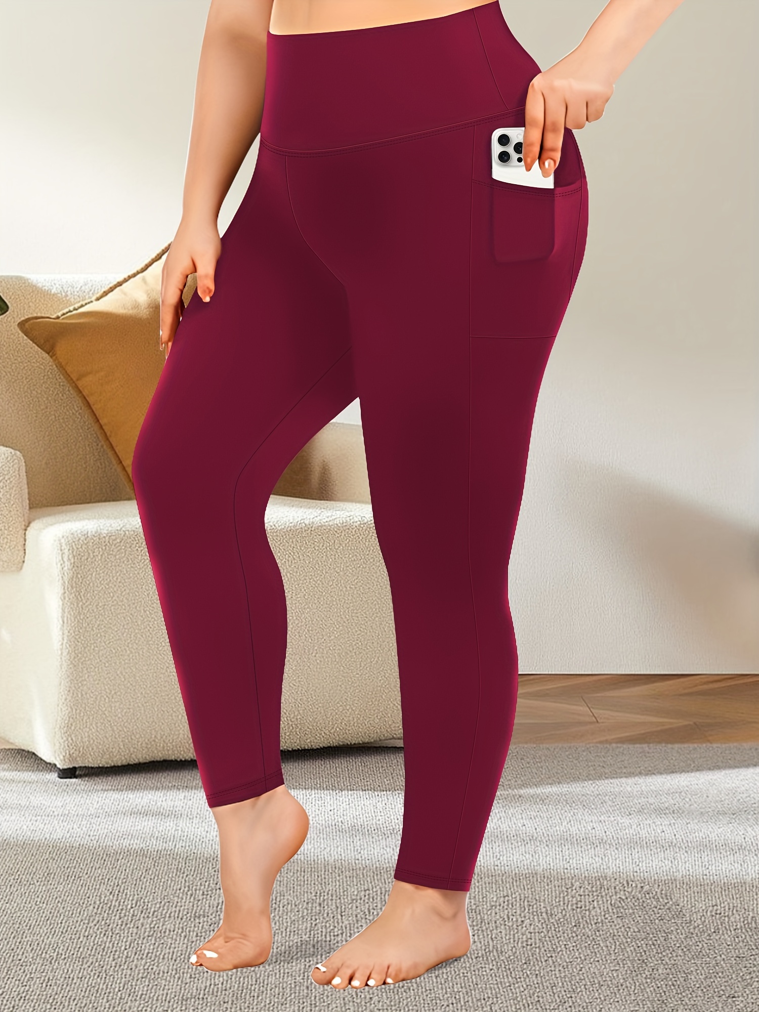 Plus Size High Waist Yoga Pants with Side Pockets - 88% Polyester 12% Elastane Stretchy Tummy Control Leggings, Sculpting Workout Gym Activewear for Women, All-Season Comfort (Machine Washable)