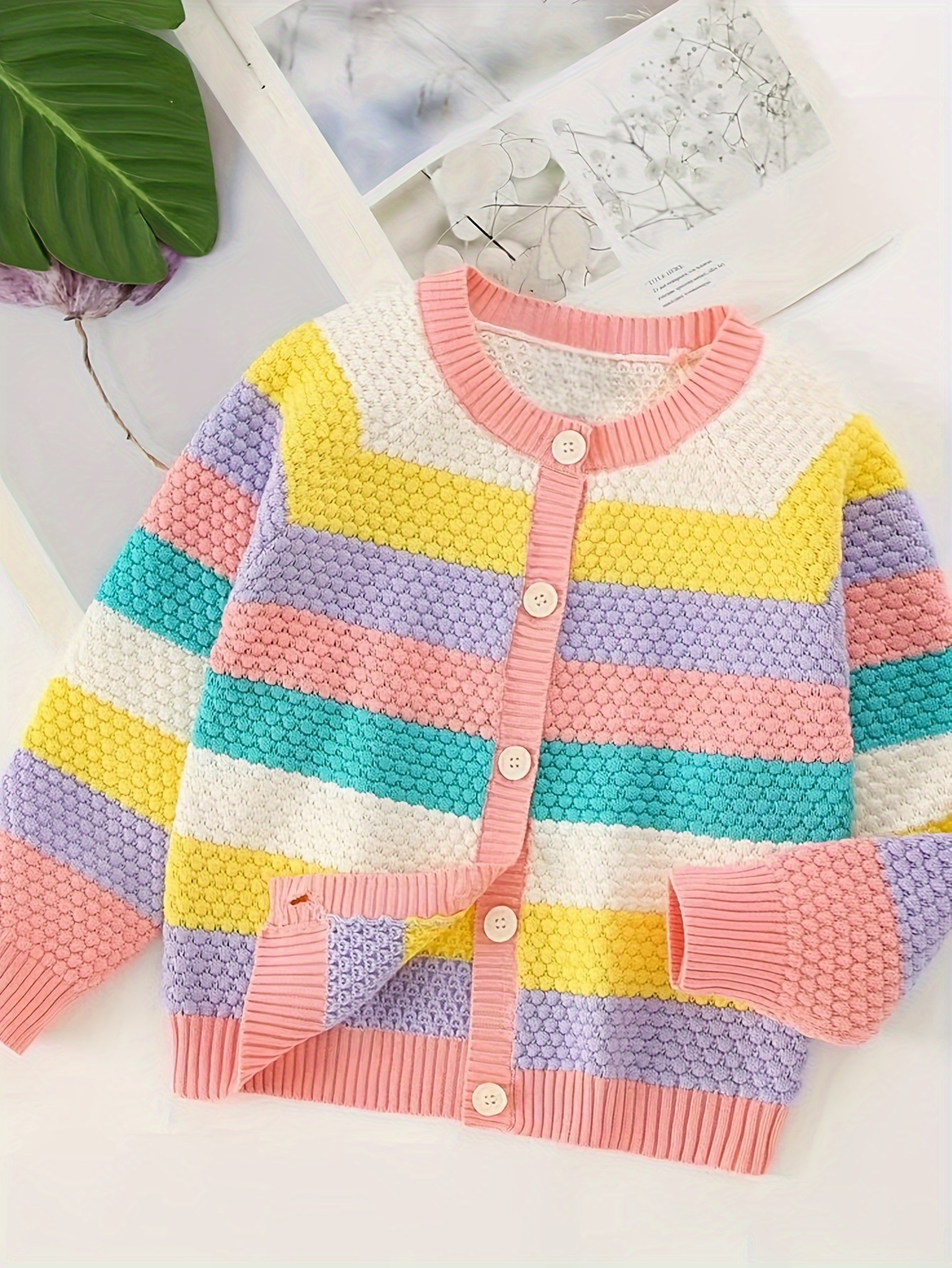 Girls' Rainbow Striped Knit Cardigan Jacket Short-Length Winter Coat with  Pastel Multicolor Button Front (Pink/Yellow/Green/Blue/Purple) Cute Crop