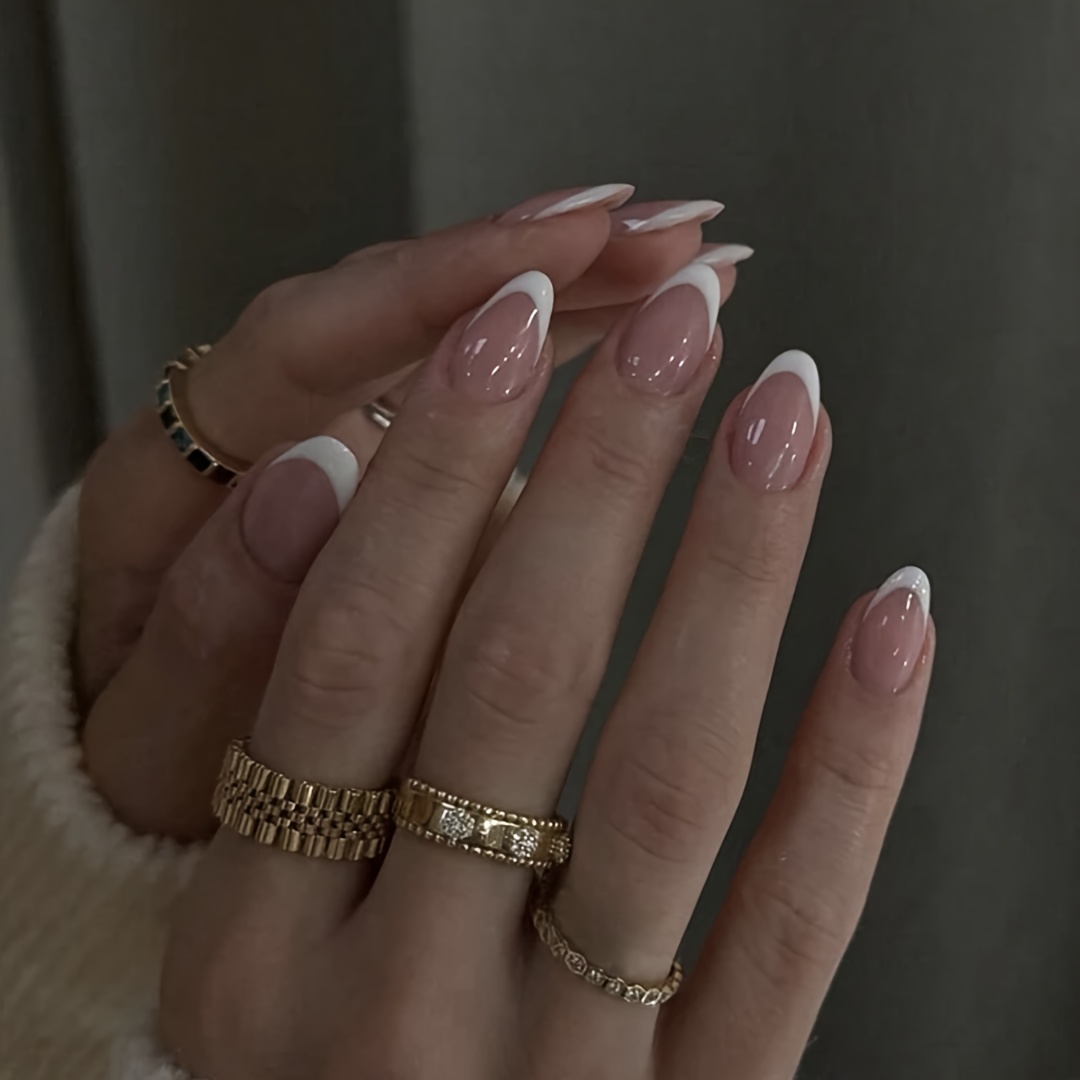 TEMU 24pcs - Fashionable Sexy Mature French Short Almond Finger Nails With Nail Set