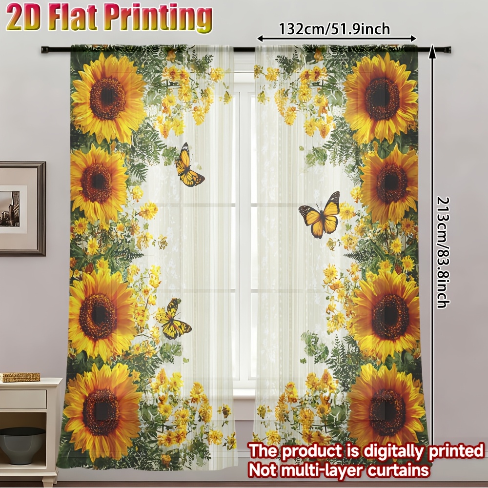 TEMU 2d Flat, 2d Flat Gauze Curtain, 2pcs, Sunflowers And Butterflies Pattern Popular Fashionable Chiffon Semi Sheer Curtain Festive