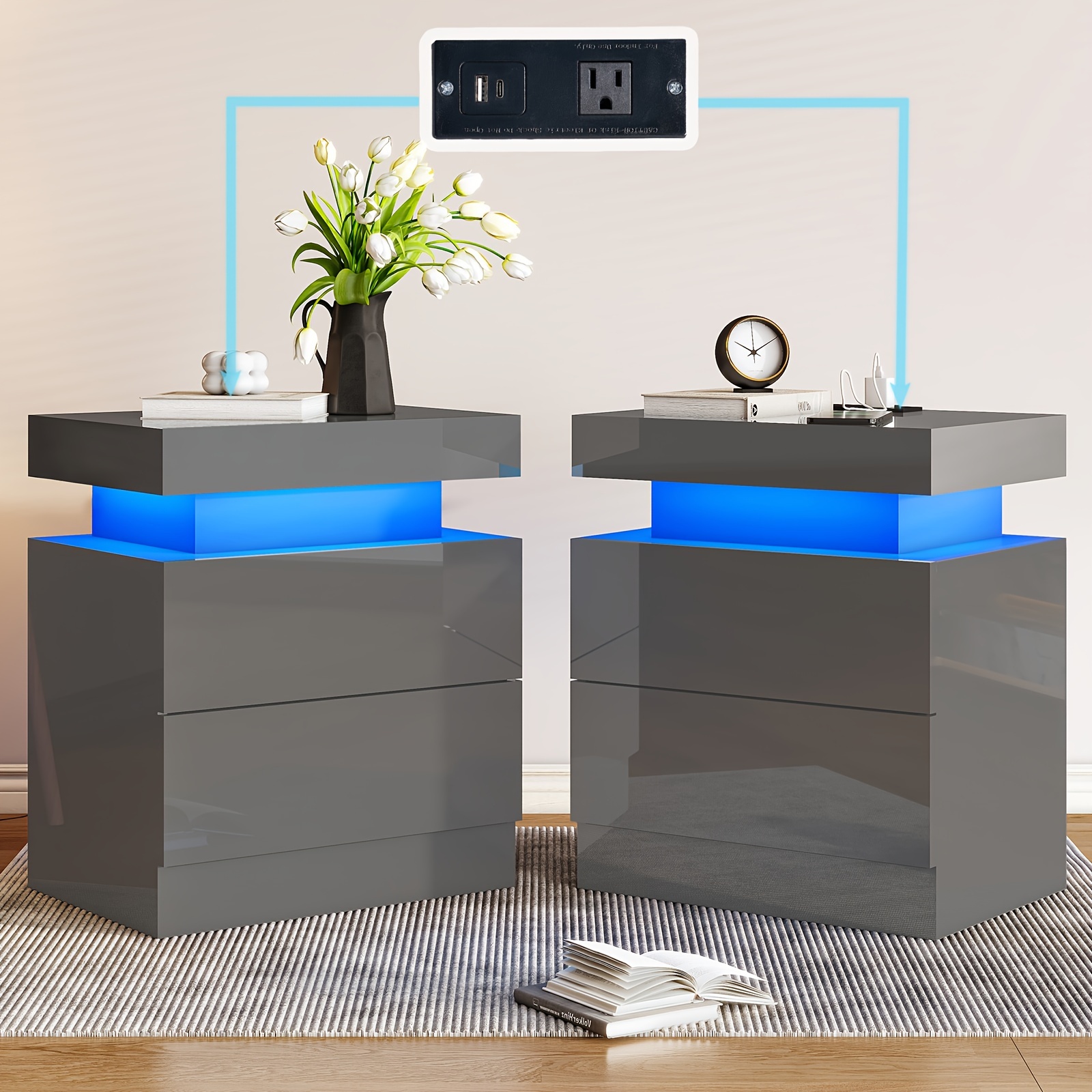 TEMU Table de chevet LED à haute brillance, lot de 2 avec station de charge, table de nuit moderne avec lumières LED