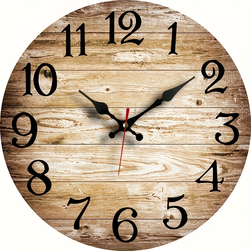 TEMU 1pc, pour la décoration de mur de bureau à domicile ou d'école, horloge ronde en bois, style artisanal vintage à motif de grain de bois, pile AA