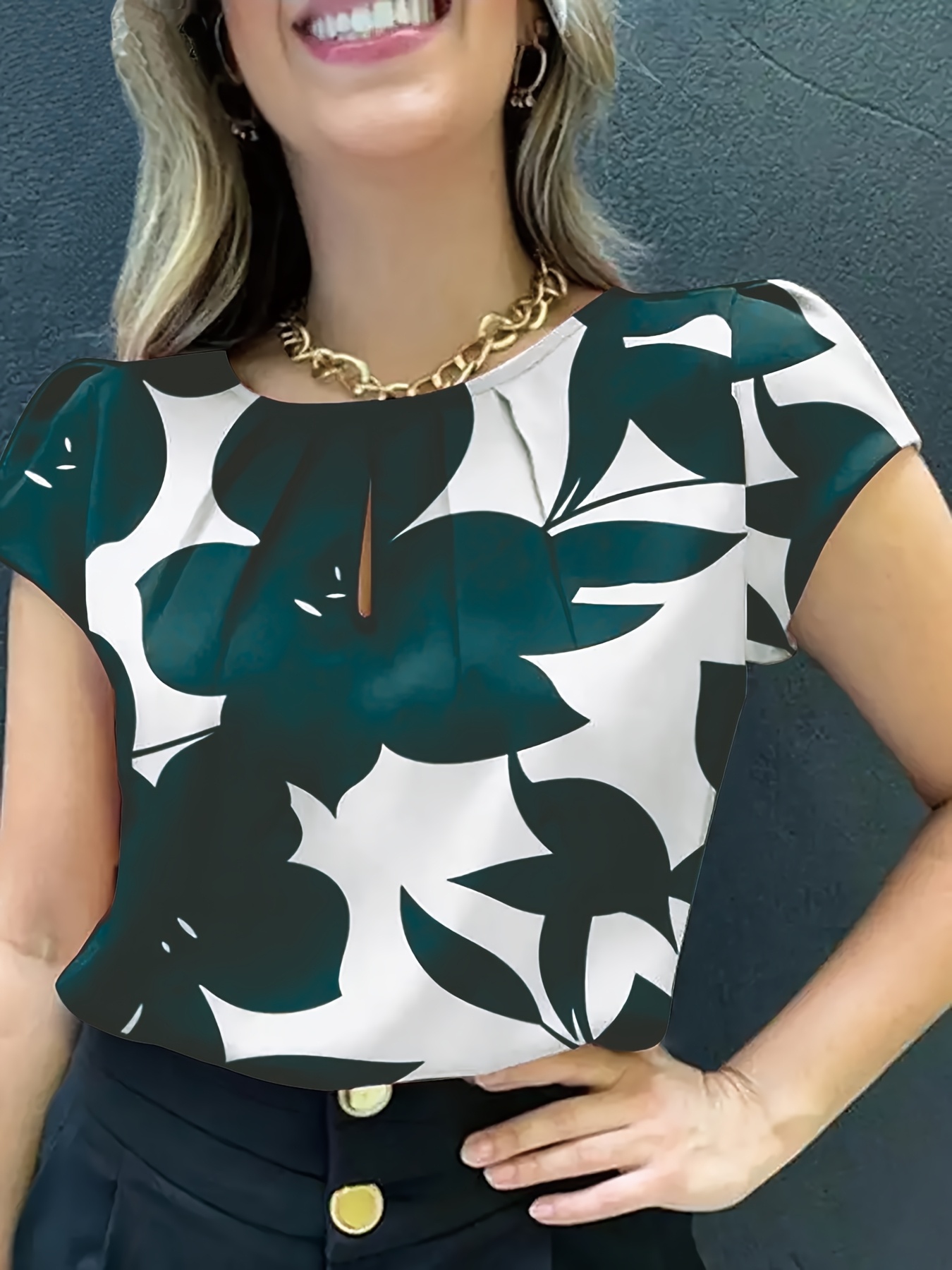 Women's Elegant Casual Short Sleeve Blouse - Black & White Abstract Leaf Print, Loose Fit Round Neck, Chest Ruching, Semi-Sheer Summer Top, Machine Washable, Everyday Sophisticated Wear, Delicate Fabric Shirt, Fitted Waist Accentuate Figure