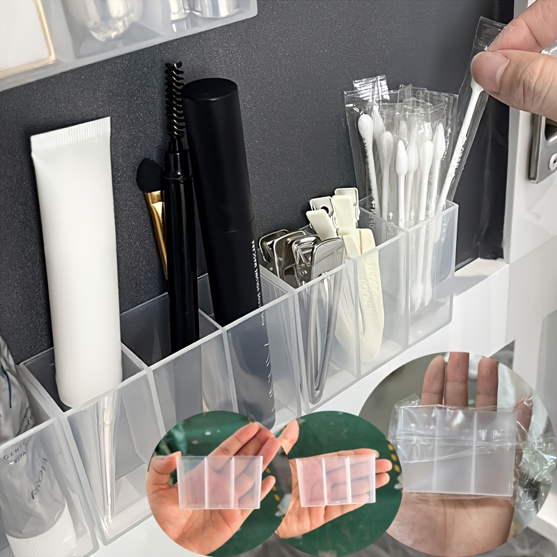 Lengvai montuojamas sieninis kosmetikos organizatorius - Skaidrus plastikinis laikymo lentynas su keliais skyriais lūpdažiams, odos priežiūros produktams ir makiažo įrankiams - Be gręžimo, lengvas dizainas, puikiai tinka tualetui ar vonios kambariui