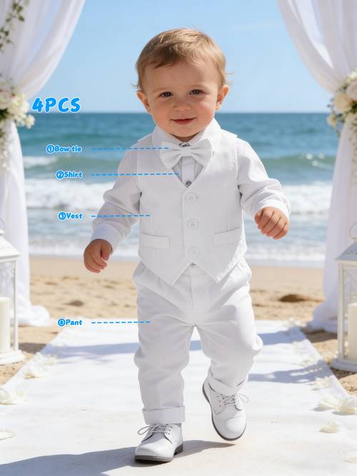 piece infant and toddler wedding party holiday christening suit boys classic solid color set long sleeve 1pc shirt vest pants bow tie set