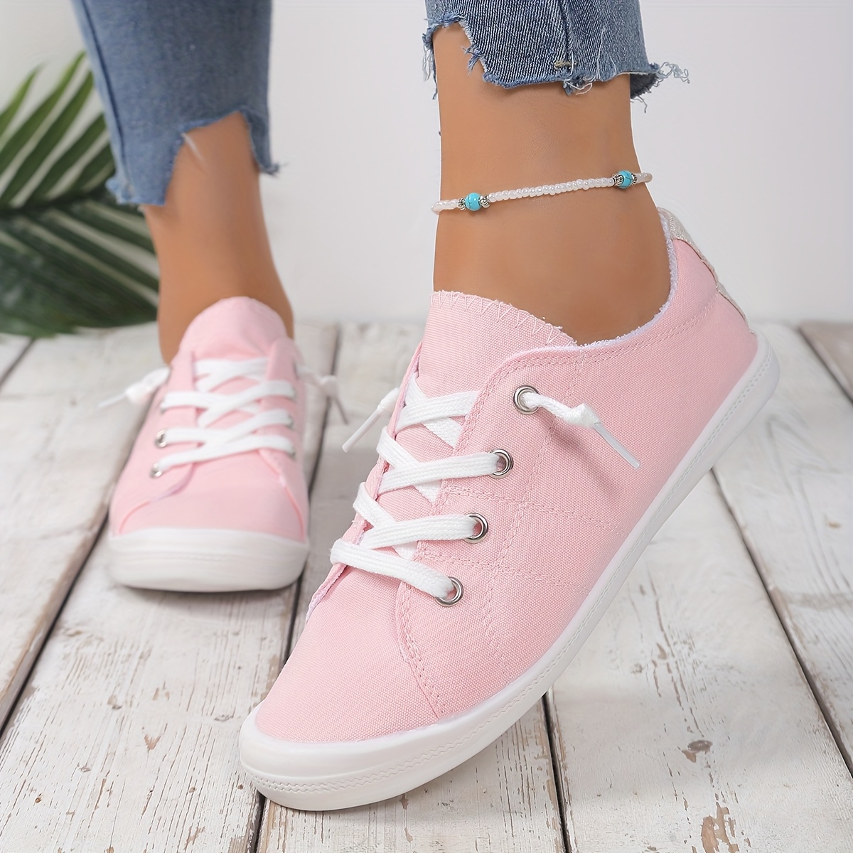 Pink Fabric Women'S Sneakers Lace-Up Round Toe Casual Sports Shoes,  Breathable Fabric Lining Insole Wear, TPR Sole Style, Perfect Gift  for