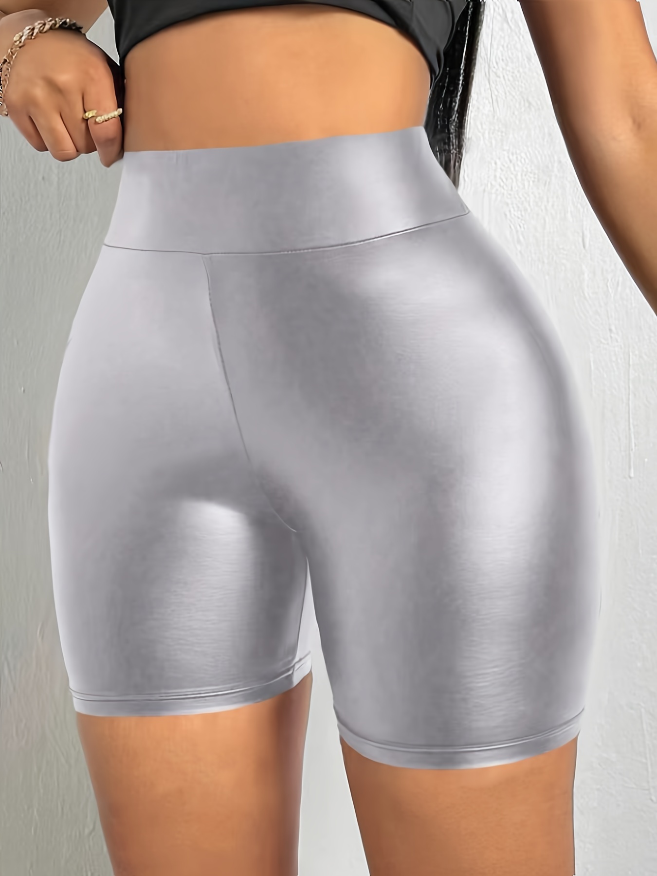 Women'S Elegant High-Waisted Shorts, 95% Polyester 5% Elastane Knit Fabric, Solid Color, Stretchy Skinny Biker Shorts for Spring/Summer/Fall