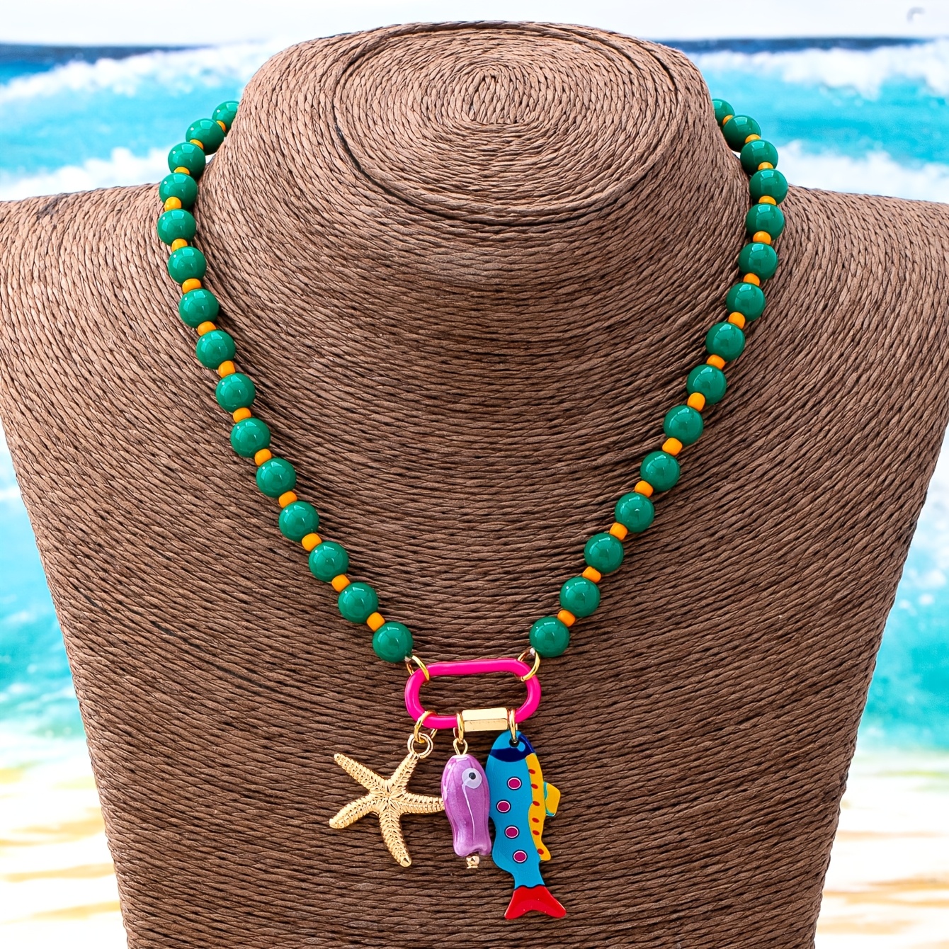 Bohemian Multi-Layered Resin Bead Necklace with Fish & Starfish