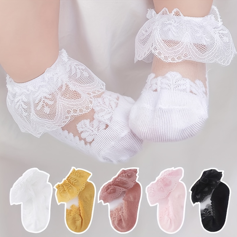 TEMU 5 Pairs, Girls' Big Lace Lace Socks Baby Translucent With Lace Socks Breathable And Soft