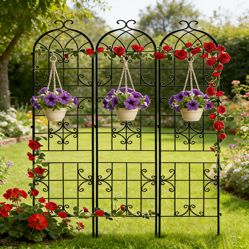 TEMU 3pcs Garden Trellis Garden Fence Plant Climbing Support 3pcs Rustproof Fencing - Black For Climbing Plants, Vines, Vegetables, Fruits, Flowers -