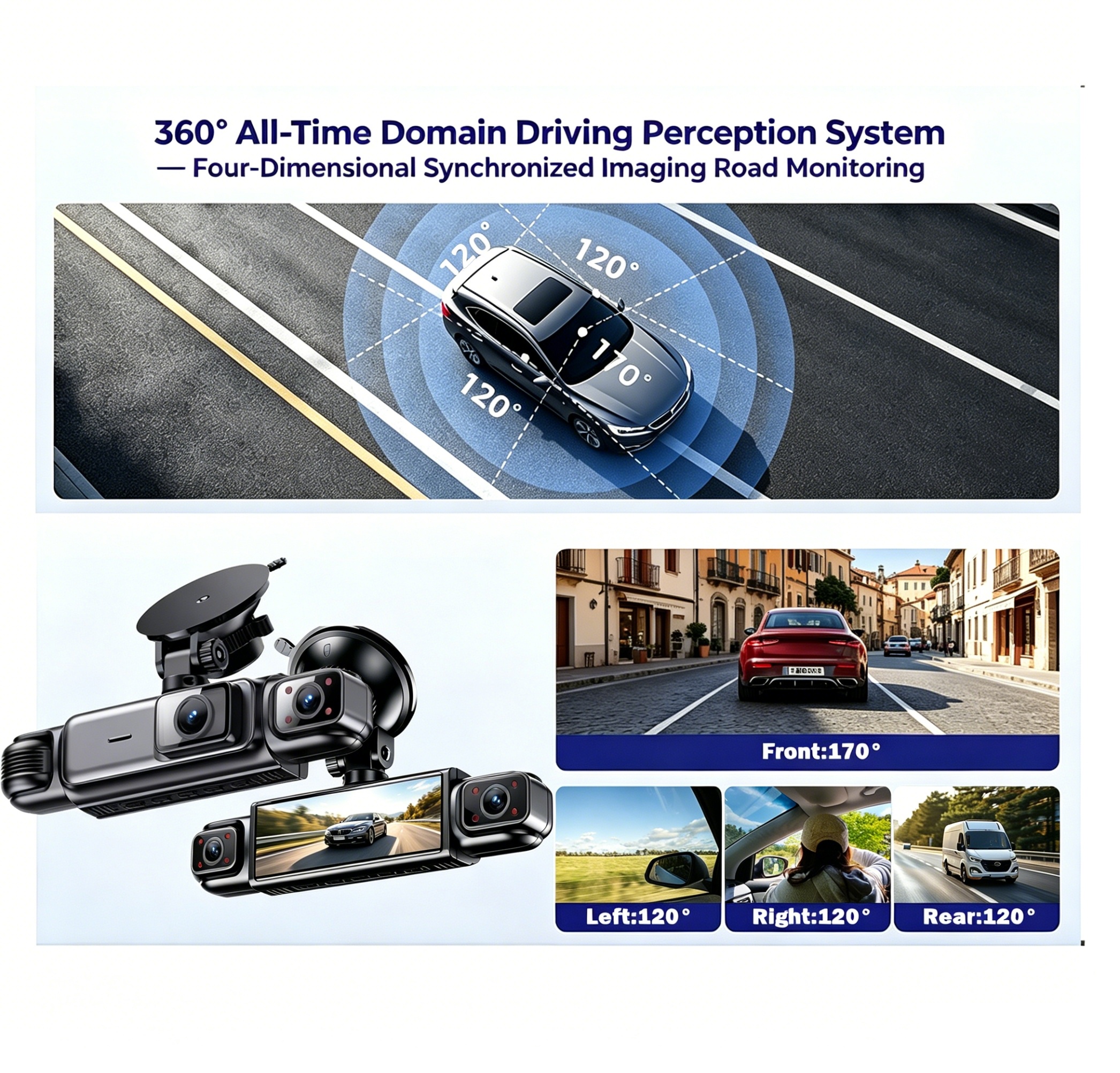 ETYMOOFOX 4-Channel Dash Cam for Cars with 3” IPS Screen, 1080P Front & 720P Rear/Driver/Side Cameras, Night Vision, Loop Recording, Parking Monitor System, Hardwire Kit Required Suitable for Vehicle Surveillance, Dashcam Accessories