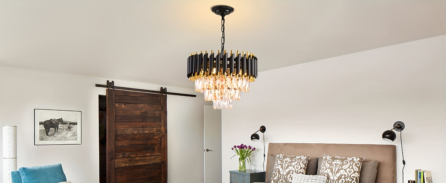 Elegant 3-Tier Black & Golden Crystal Chandelier - Modern Flush Mount Ceiling Light for Living Room, Dining, Bedroom - Adjustable, Easy Install, E12 Base (Bulb Not Included)