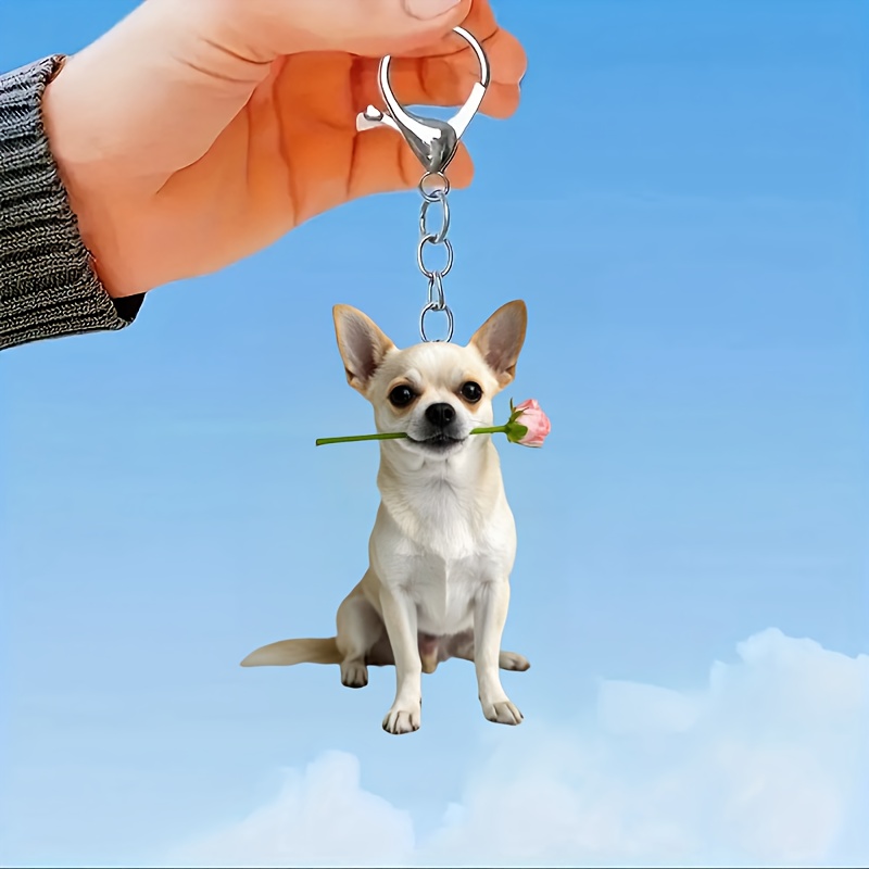 

Single Piece Valentine's Day Acrylic Dog Keychain, Chihuahua Pendant With Rose, Double-sided Animal Keyring Charm, Decorative Keychain For Backpacks And Gifts