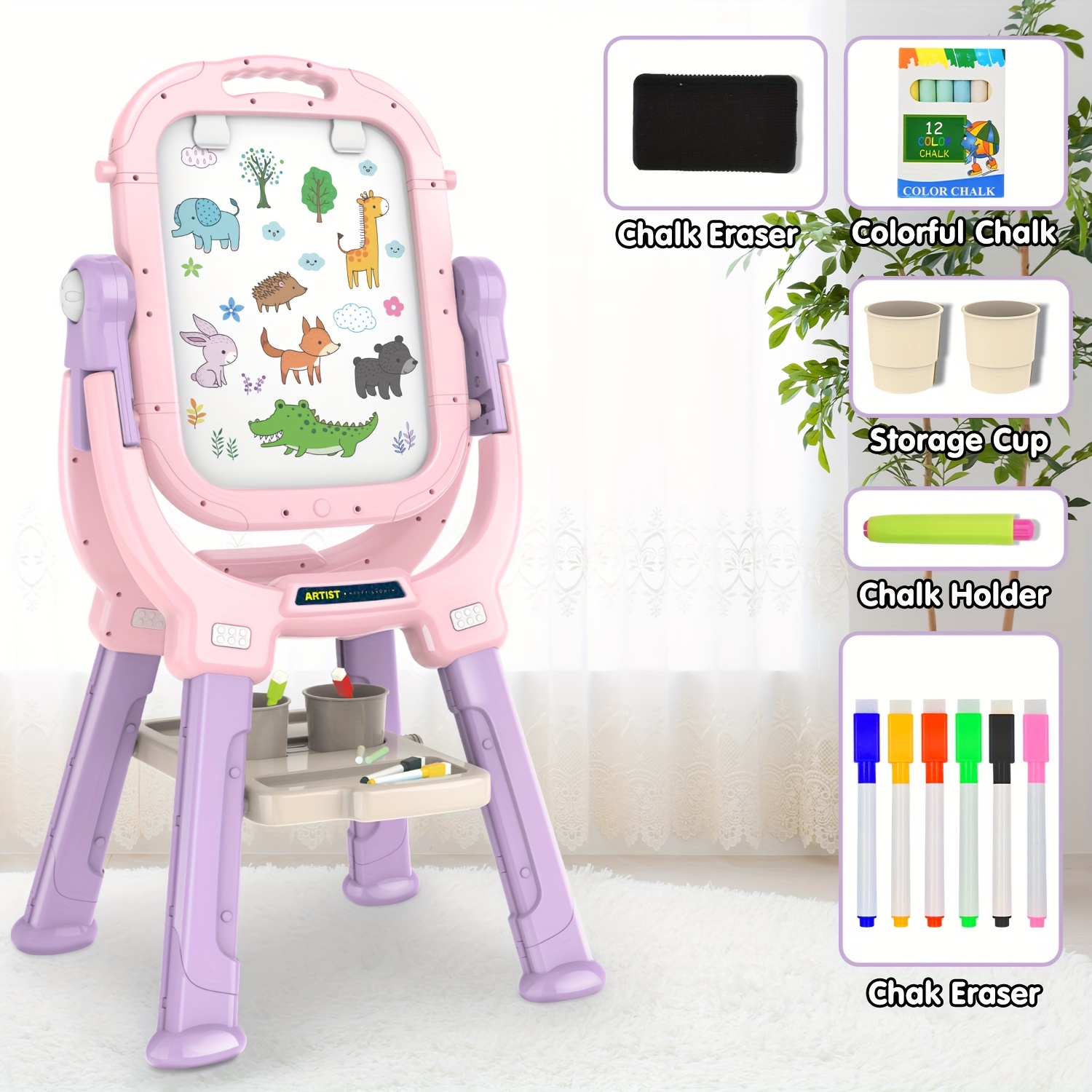 1pc BATTOP Kids Rotatable Magnetic Drawing & Writing Easel, Double-Sided Adjustable Stand, Includes Accessories, Durable PP Material