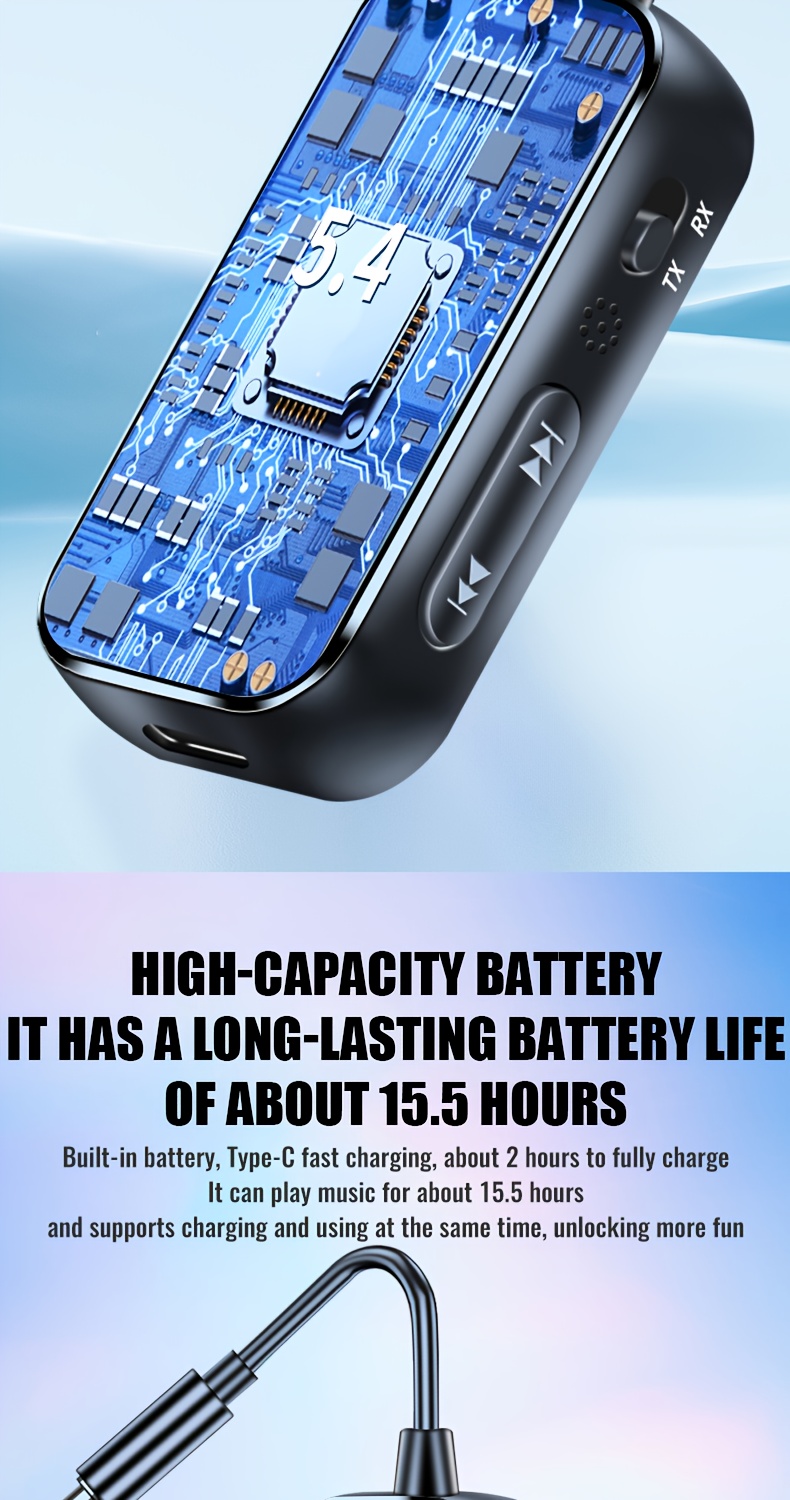2-в-1 Bluetooth 5.4 Аудио Приемник Предавател, HiFi Стерео Безжичен Адаптер, 3.5mm AUX с Микрофон, Подходящ за Кола, Самолет, Телевизор, Компютър, Говорители