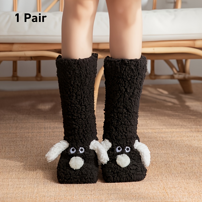 TEMU 1 Pair Women's Cute Puppy Floor Socks In Black/khaki/white, And Machine Washable, Fluffy Cartoon Animal Socks, , Warm And Comfortable Indoor