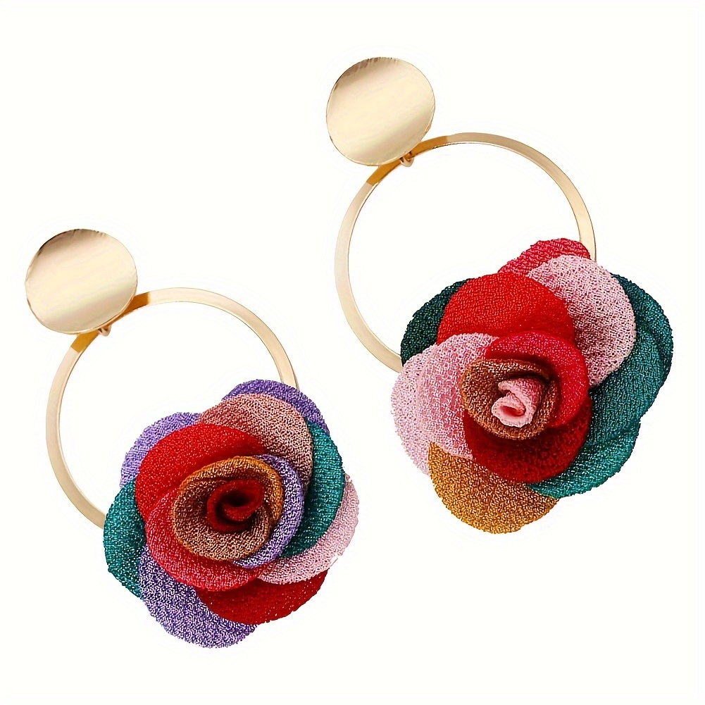 Elegant Boho-Chic Handcrafted Fabric Flower Dangle Earrings - Mixed Colors, Iron Crafted for Everyday & Wedding Wear
