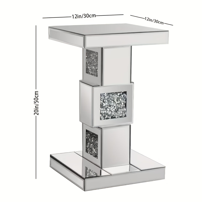 20-inch High Silvery Mirrored Side Table With Crystal Inlay | , Small Table, Suitable For Living Room, Bedroom, Small Corner Side Table For Home