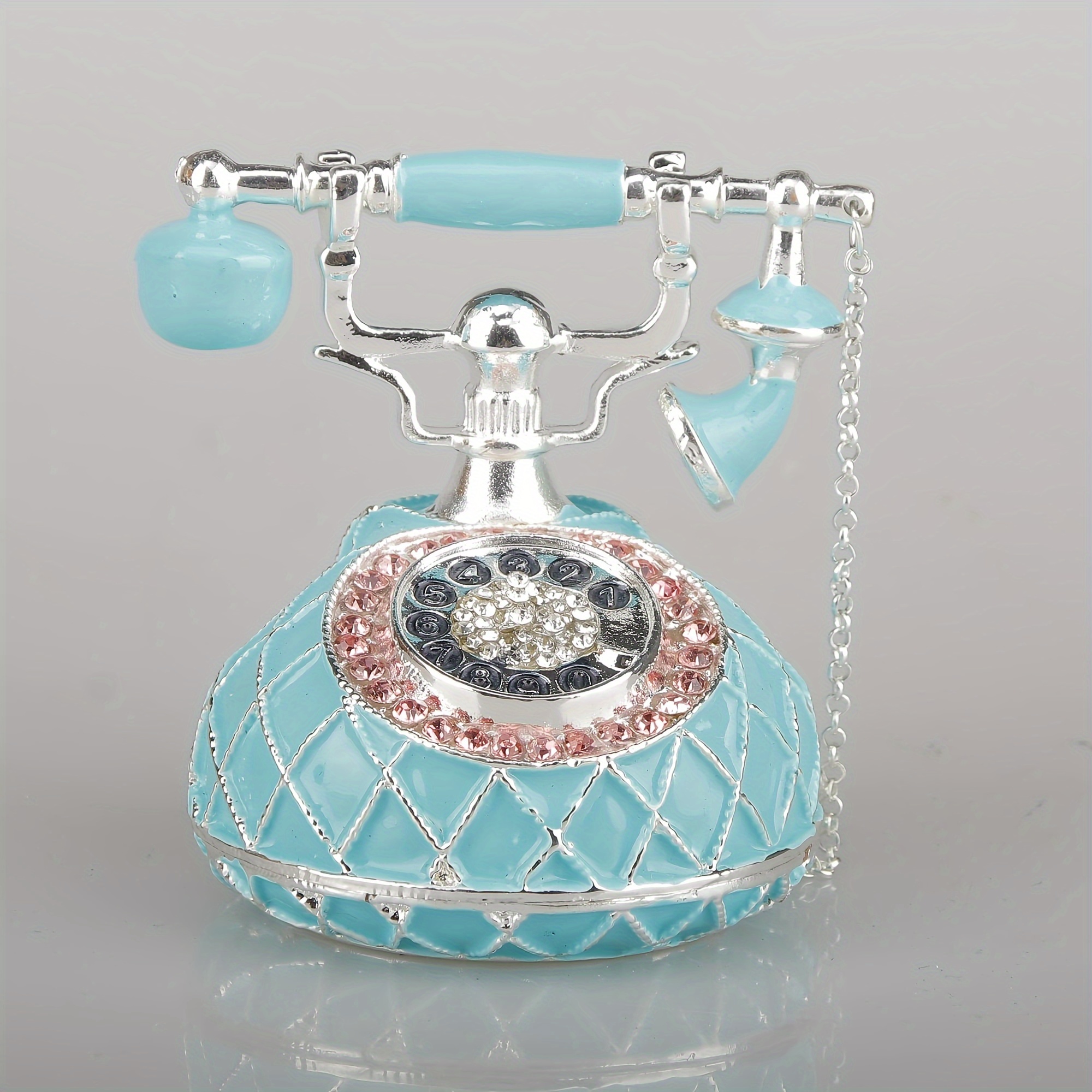 

Charming Turquoise Enameled Telephone Figurine Trinket Box With Hinge, Adorned With Pink Crystals - Perfect Collectible Gift For Girls Or Women