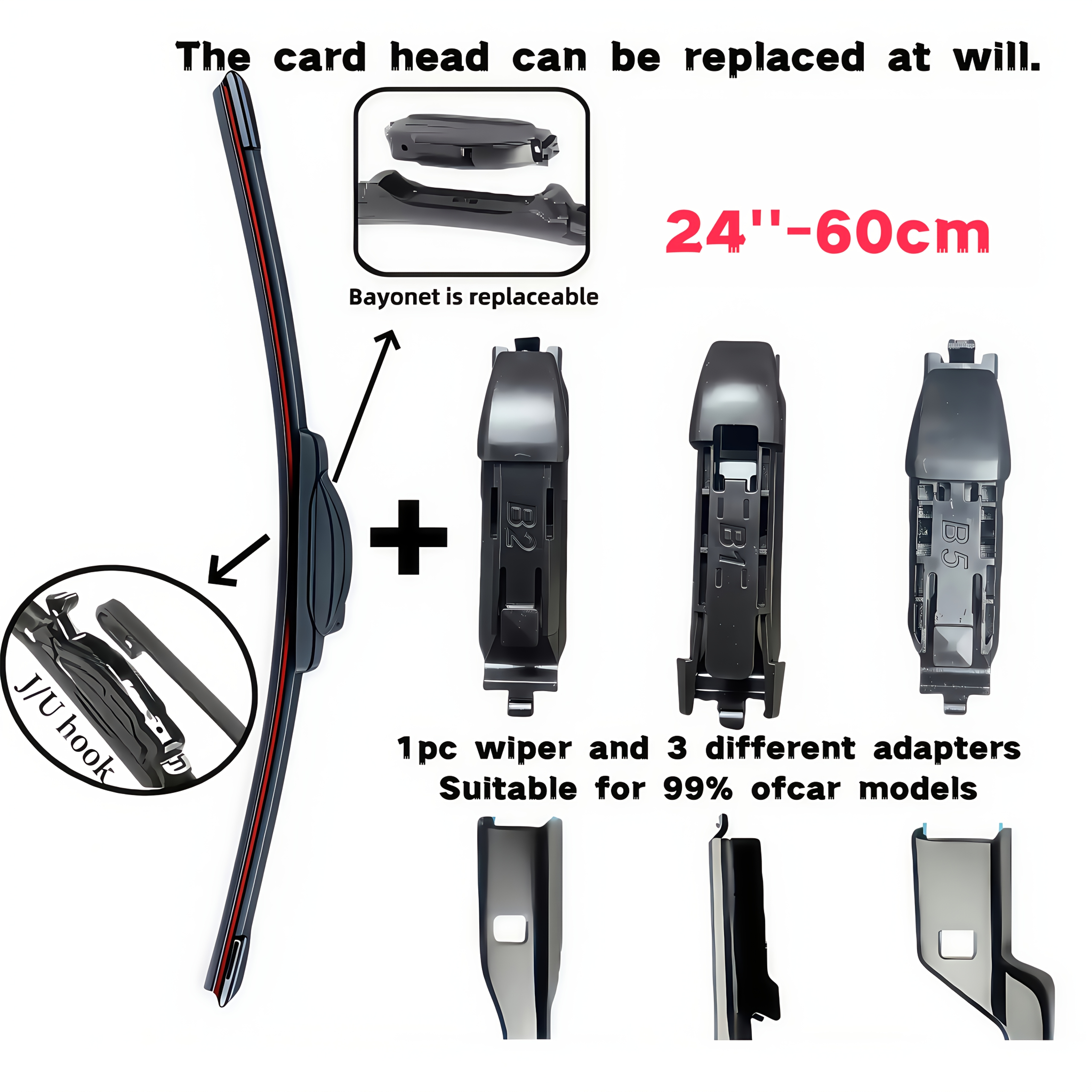 TEMU All-new Upgraded Car Windshield Wiper U/ Wiper Blade + 3pcs Adapter Replacement Head / 6 Rubber Strips Car Wiper Blade, High-quality Rubber