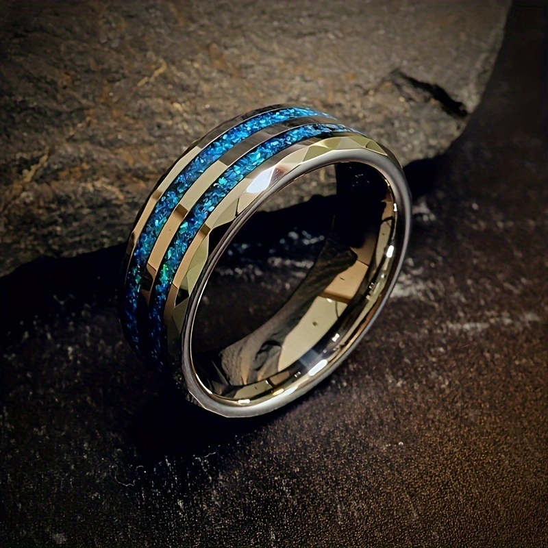 

1pc Fashionable Silvery Striped Blue Graphic Men's Ring