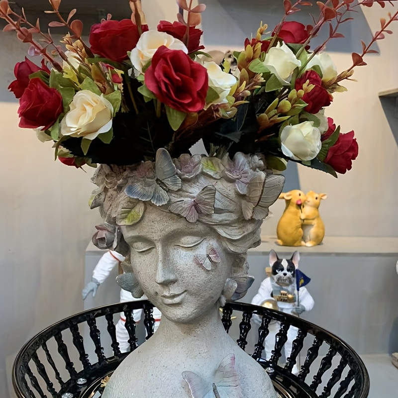 波希米亚风格树脂女孩脸花盆 - 11英寸高轻质室内外装饰花瓶，带排水孔，适合多肉植物、仙境园艺及植物爱好者礼物，纹理表面设计，复古时尚装饰
