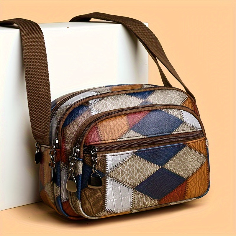 

Women's Fashion All-match Mini Crossbody Bag, Contrast Color Matching Shoulder Bag, Multi-pocket Geometric Pattern T Bag, Daily Commuter Bag, Work Bag, Multi-functional Shoulder Travel Small Bag
