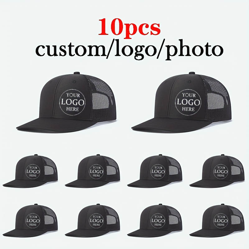 E-shop 10 Stk. Anpassbare Logo Trucker Caps - Atmungsaktive Mesh Baseball Caps mit Verstellbarem Rückenverschluss, Schwarz mit Weißem Logo, für