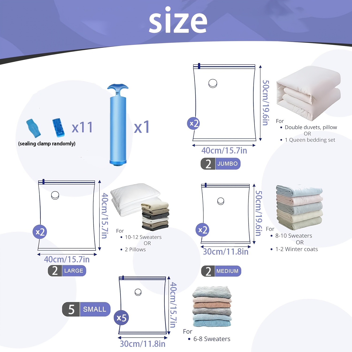 TEMU 23pcs Set: Includes 5 Small, 2 Medium, 2 Large, And 2 Extra-large Compression Bags, Plus 11 Sealing Clips And 1 Manual Pump. Vacuum Storage