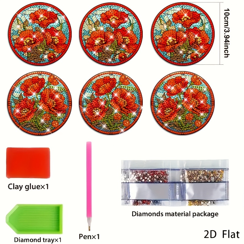 TEMU 6pcs Poppy Flower Diamond Painting Coaster Set Coasters, Non-slip Drink Mats - Car Coasters, Tea Cup Mats, Coffee, Beverage Mug Mats, Suitable