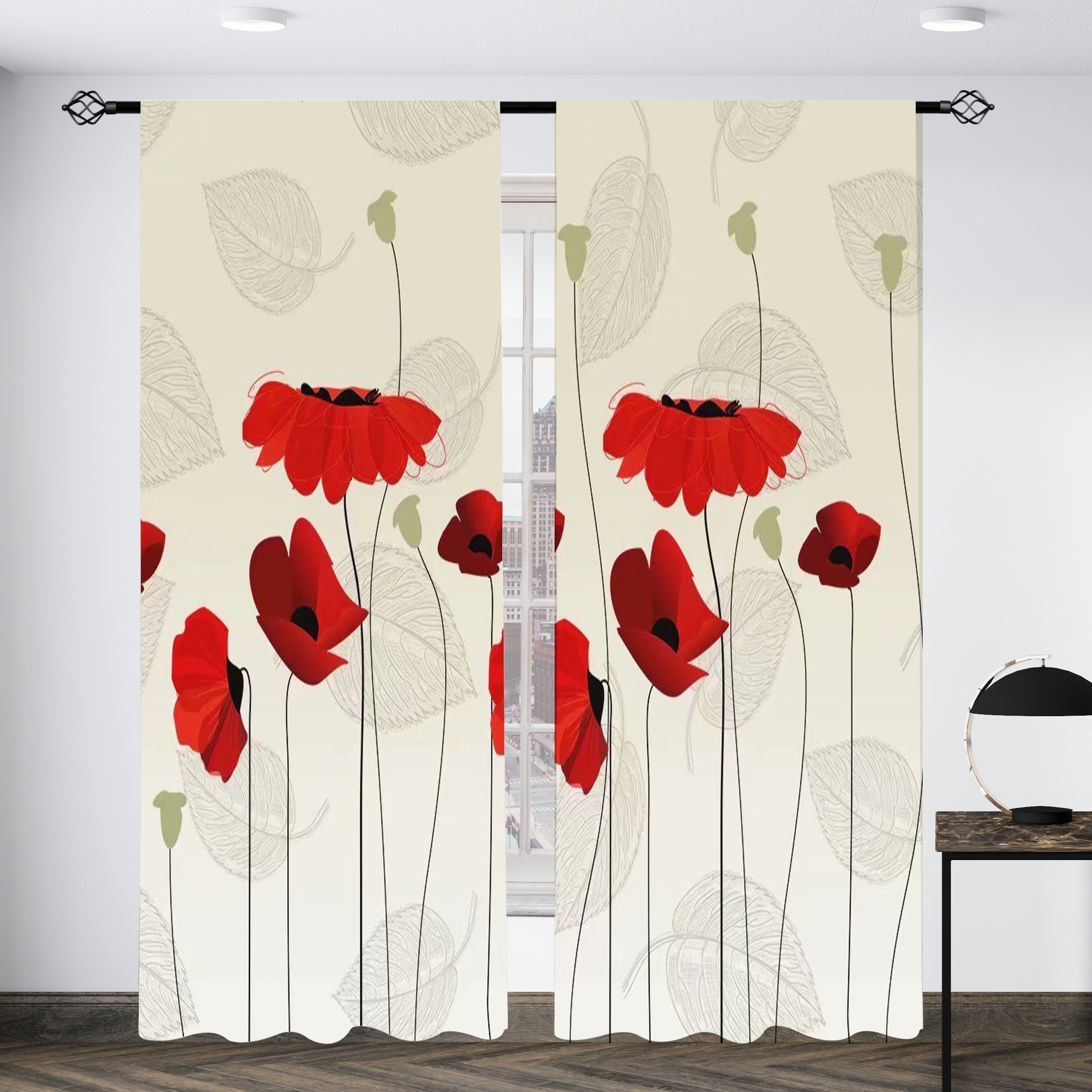 TEMU [ Delivery] 2pcs Set, Leaf Red Lotus Printed Translucent Curtains, Living Room Game Room Bedroom Multi-scene Polyester Rod Decoration Curtains