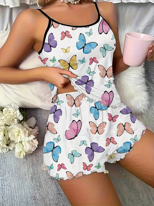 white cartoon print womens camisole sleepwear set