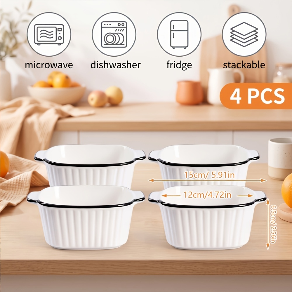 TEMU 4pcs Ceramic Baking Bowl Set, Square Baking Dish With Double Handle, White Porcelain Bowl With Black Rim, Christmas Dinner Table Decor Bowls,