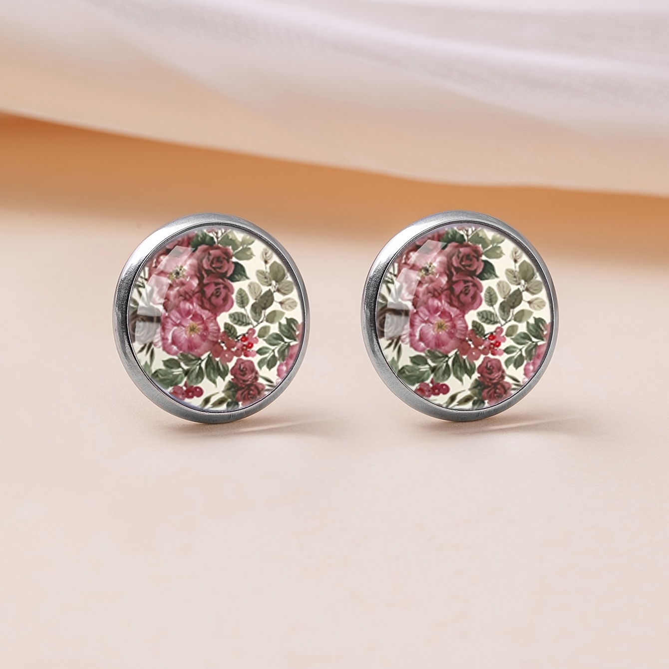 Rose Berry Crushed Floral Pattern Round Stud Earrings, Stainless Steel