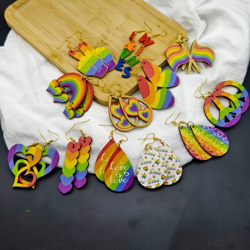 6/12 Pairs Rainbow Theme Wooden Earrings Set, Bright Designs