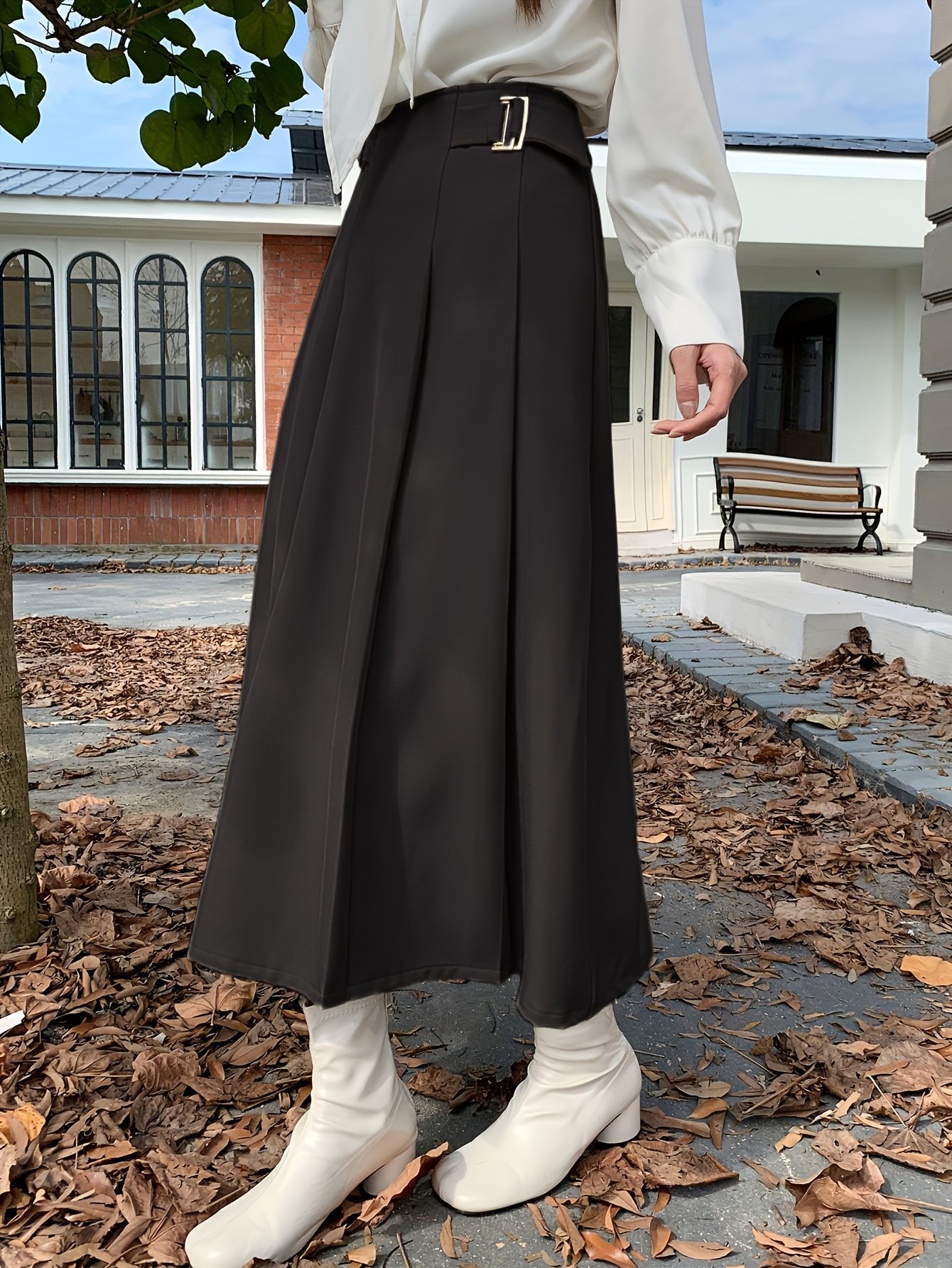 High Waisted Pleated Skirt Button Details Women'S Clothing