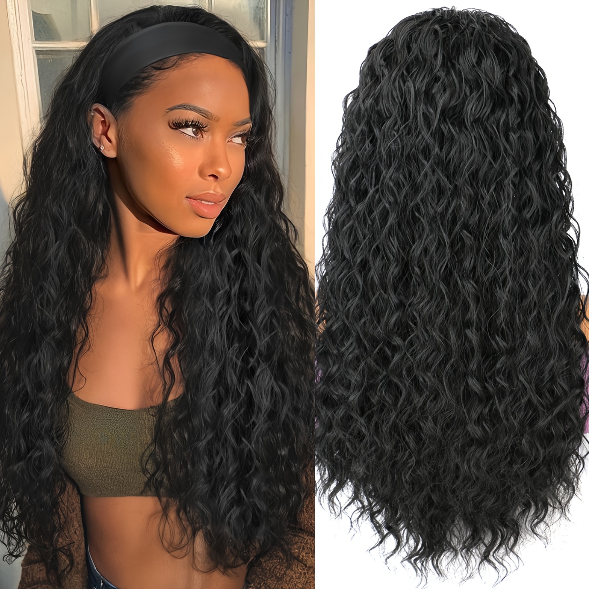 Glueless Headband Wig Curly Half Wig For - Look , No Glue Needed, Synthetic Hairpiece For Daily Use, Wet And Wavy Curly Wave Half Wig For Added Volume