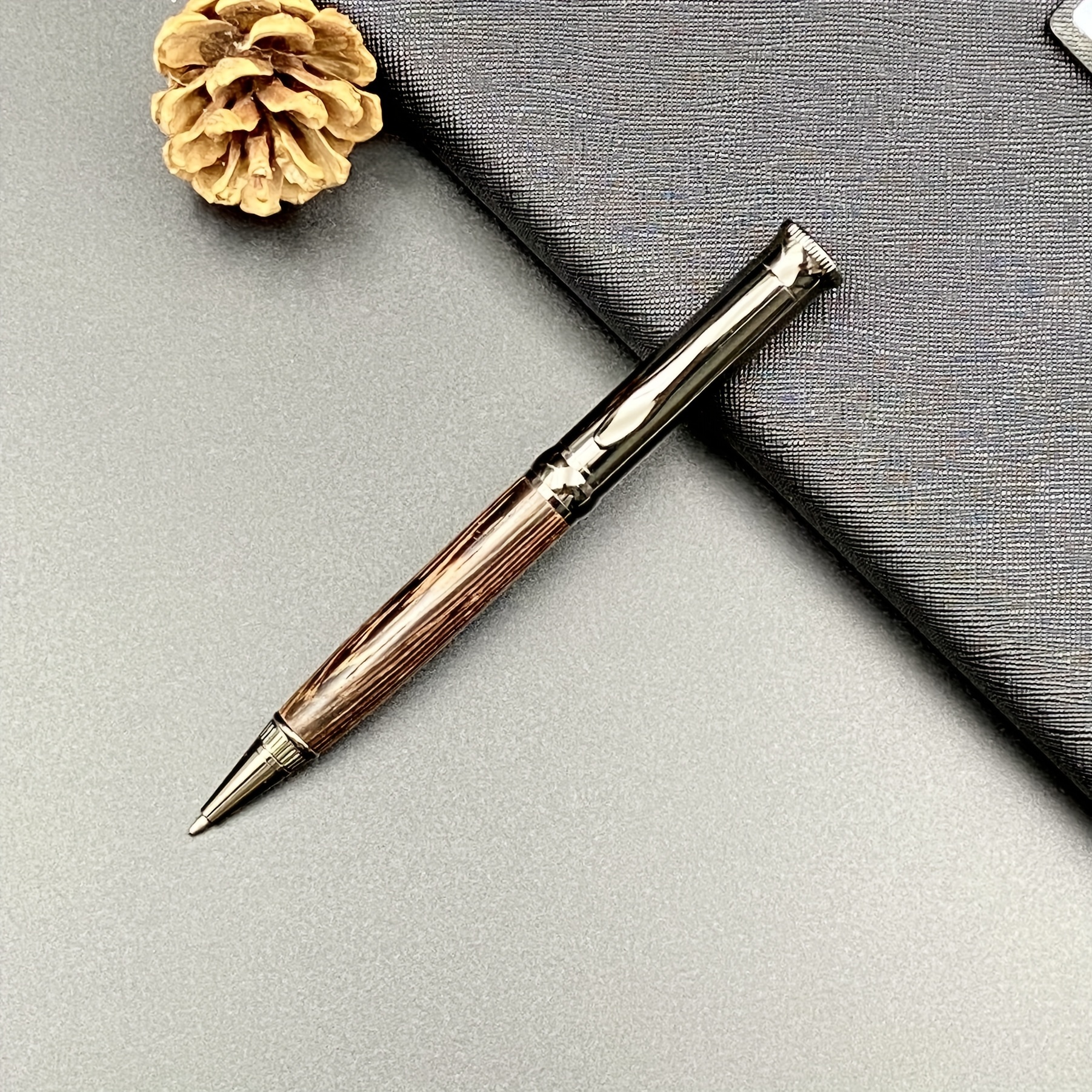 Image of Elegant Wood And Titanium Ballpoint Pen: High-quality, Fits Men's Signature, Black 0.7mm, Twist Closure, Suitable For 14+ Years