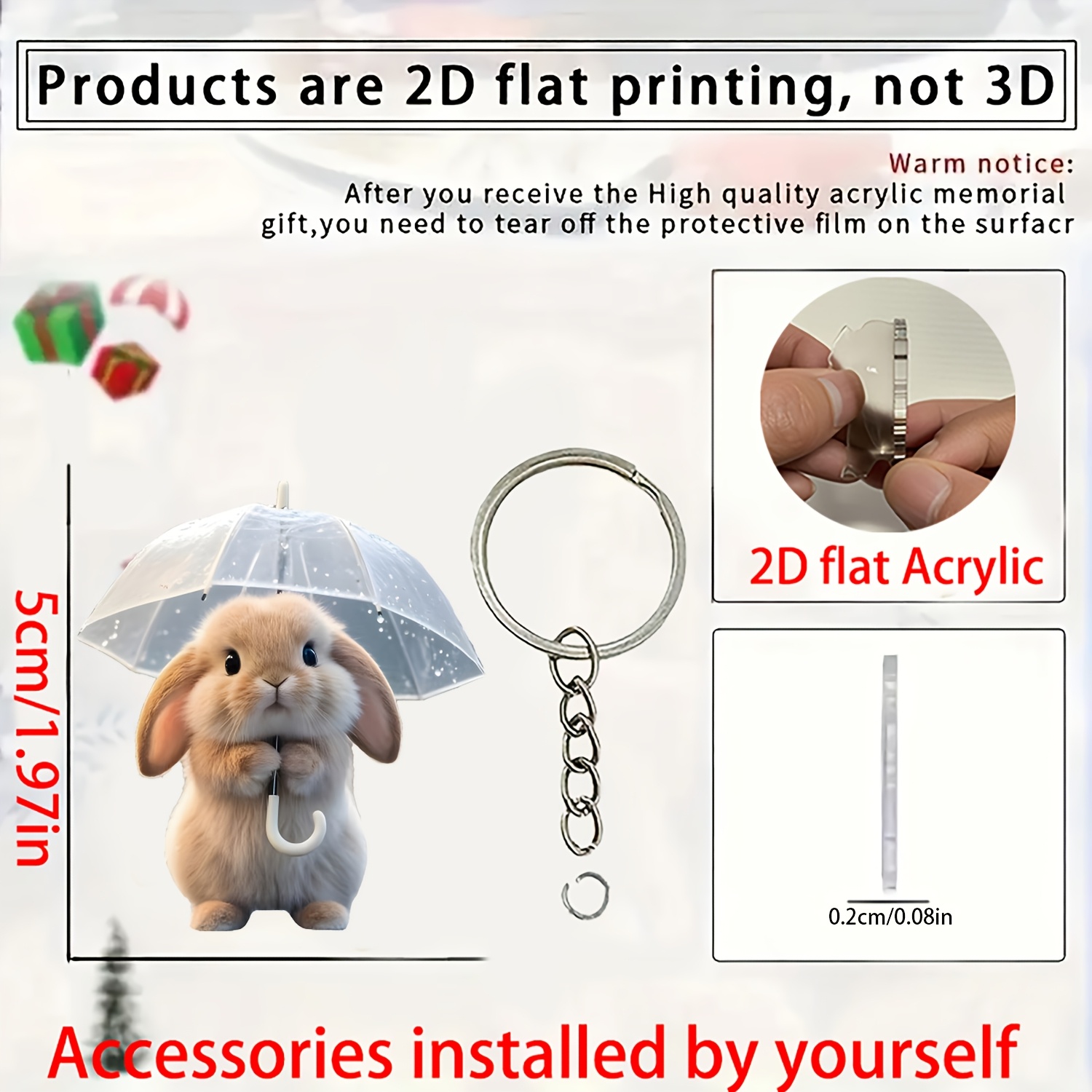 TEMU 2d Flat Cute -ear Rabbit Handheld Transparent Umbrella 2d Flat Acrylic Keychain, Double-sided Printed Metal Hanging Ring Bag Pendant, Animal