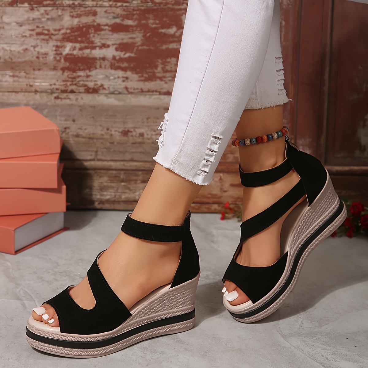 

Women's Platform Solid Color Sandals, Back Zipper Slip On Hollow Out Vacation Shoes, Comfort Wedge Beach Shoes