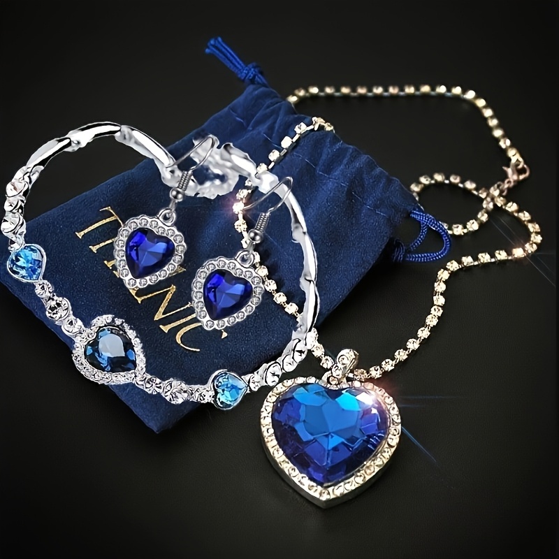 

Elegant Heart Of Jewelry Set In Blue & Clear - Vintage-inspired Necklace, Bracelet, Earrings With Velvet Pouch - Ideal For Parties & Gifting - Zinc Alloy & Glass Gemstones, Beach Jewelry