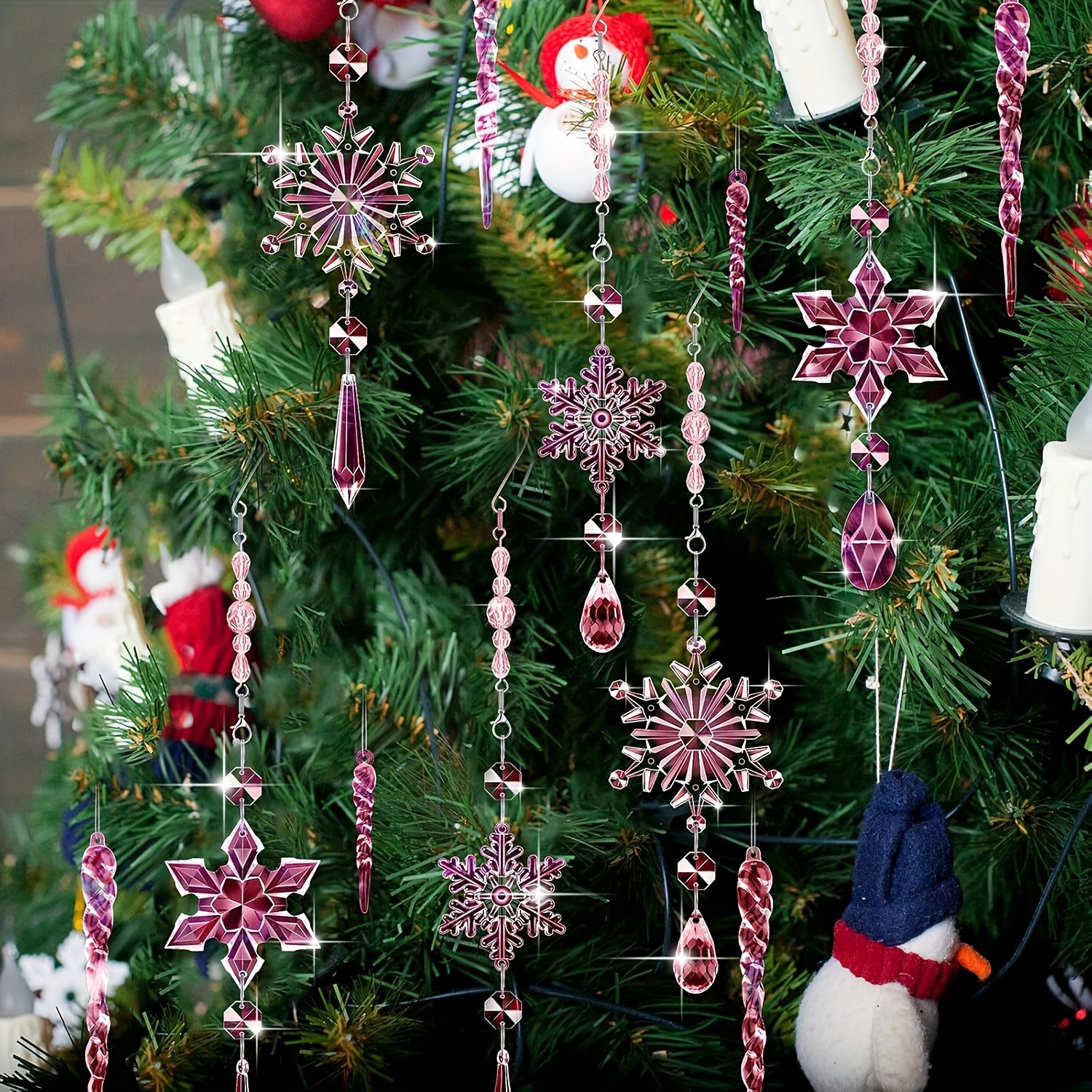 

24pcs Christmas Crystal Acrylic Hanging Ice Transparent Hanging Crystal Christmas Crystal Tree Ornament Ice Ornament With Hook Suitable For Christmas Snow Party Winter Pink