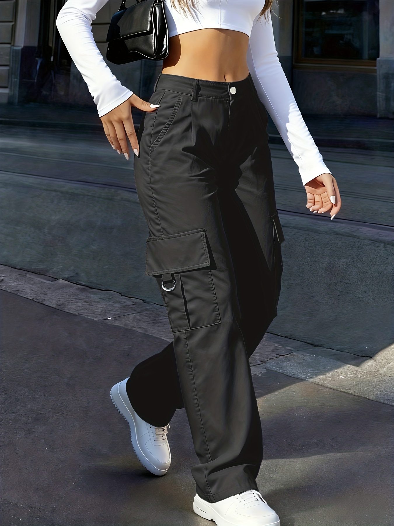 Nuevos Pantalones Cargo de Pierna Recta para Mujer, Cintura Alta, Ajuste Holgado, Estilo Adelgazante, Pierna Ancha, Pantalones de Yoga con Bolsillos Inclinados y Solapas, Ideales para Primavera y Otoño, Ropa de Mujer
