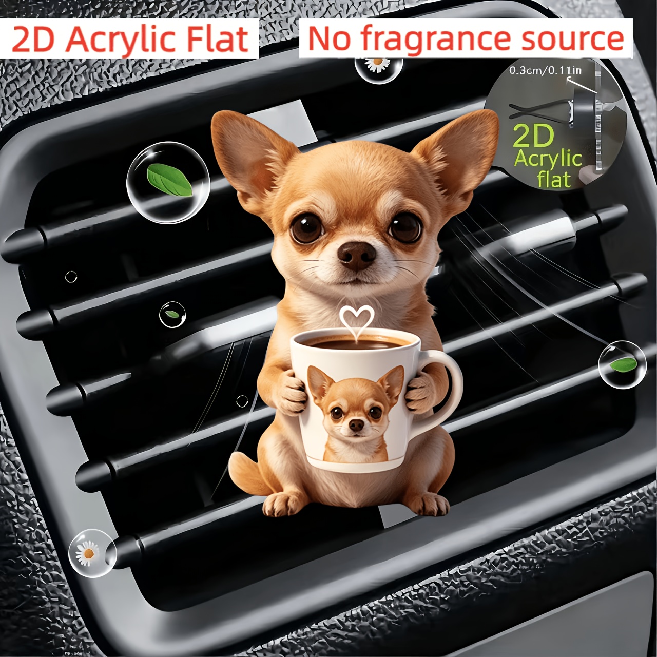 TEMU 2d Flat, Cute Chihuahua Air Outlet With Acrylic Decoration, "no Fragrance Source", With Double-layer Sponge Sheets, Car Acrylic Fragrance
