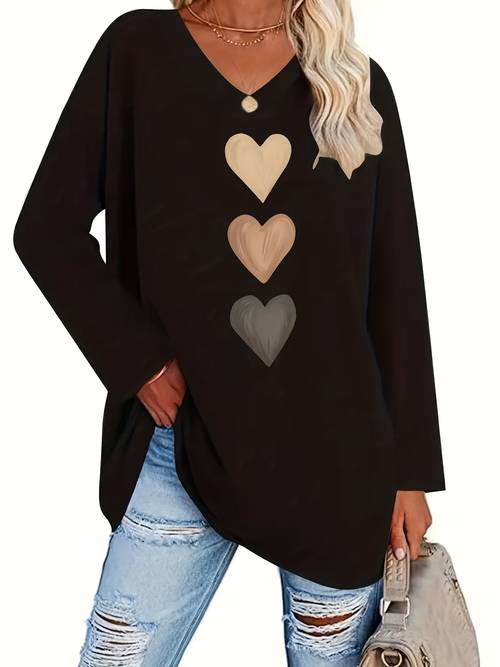 plus size plus size womens casual v neck long sleeve heart print t shirt beige brown and light brown heart pattern on dark gray machine washable spring autumn top womens t shirt
