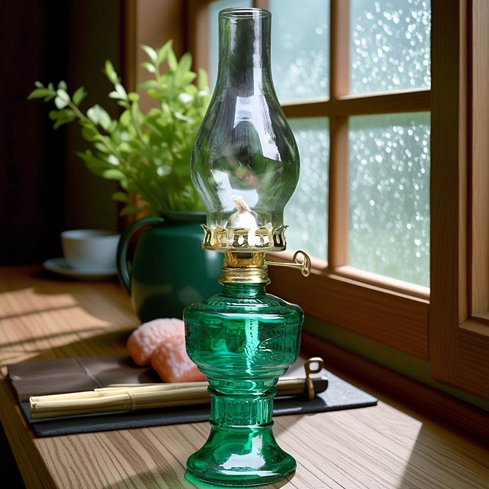 Outdoor Table Lamp Green Glass Kerosene Lantern Garden Balcony Patio Decor Light Dining Table Ambient Lamp Adjustable Wick Flame Windproof Glass Chimney Camping Lantern