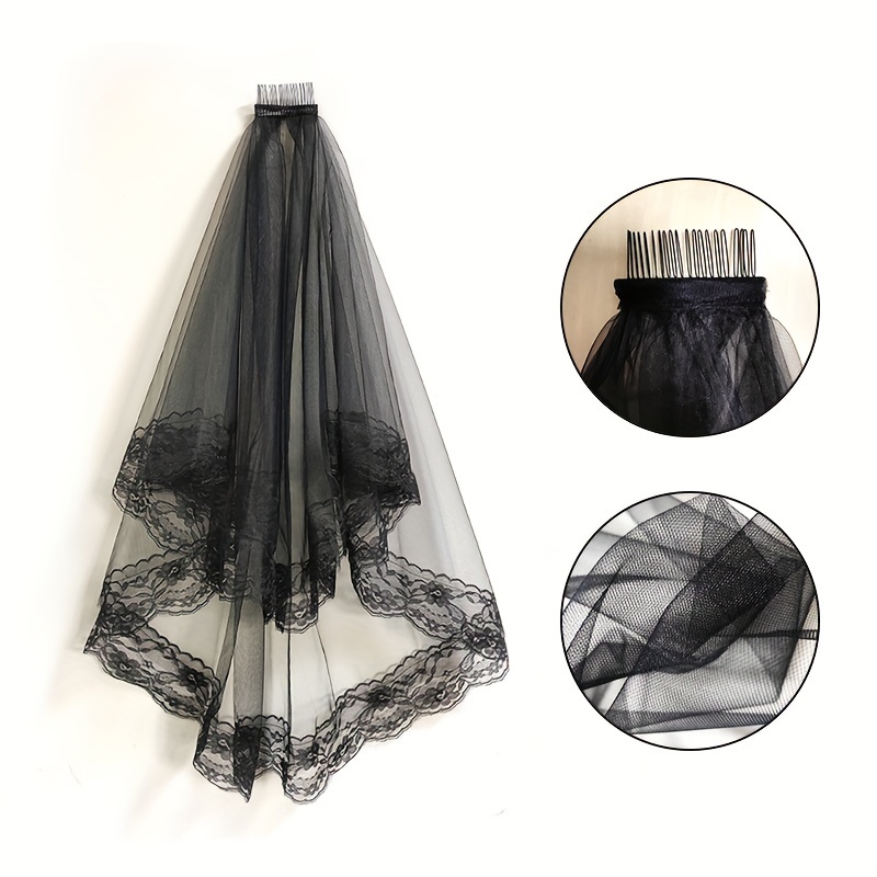 Bridal Veil Black Halloween Hair Veil Comb Black Halloween - Temu