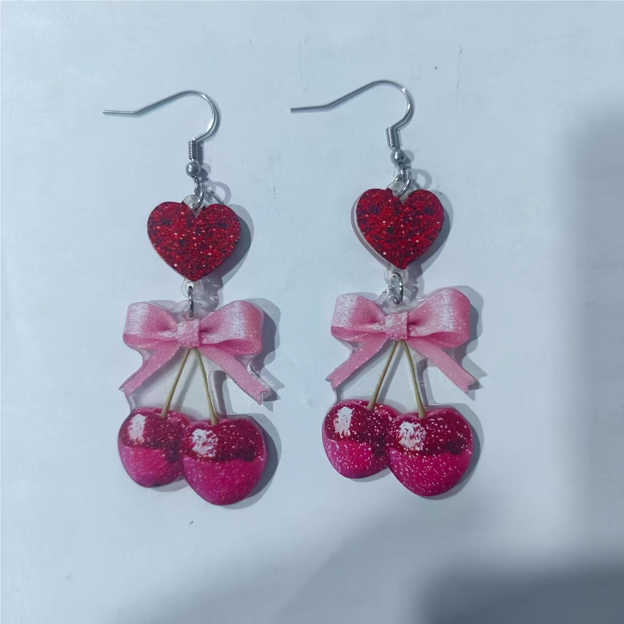 TEMU 1 Pair Sweet Heart Sequins And Cherry Bow Print Resin Long Drop Earrings For Women | Hypoallergenic Ear Hooks Durable All-match Fresh Full Ear