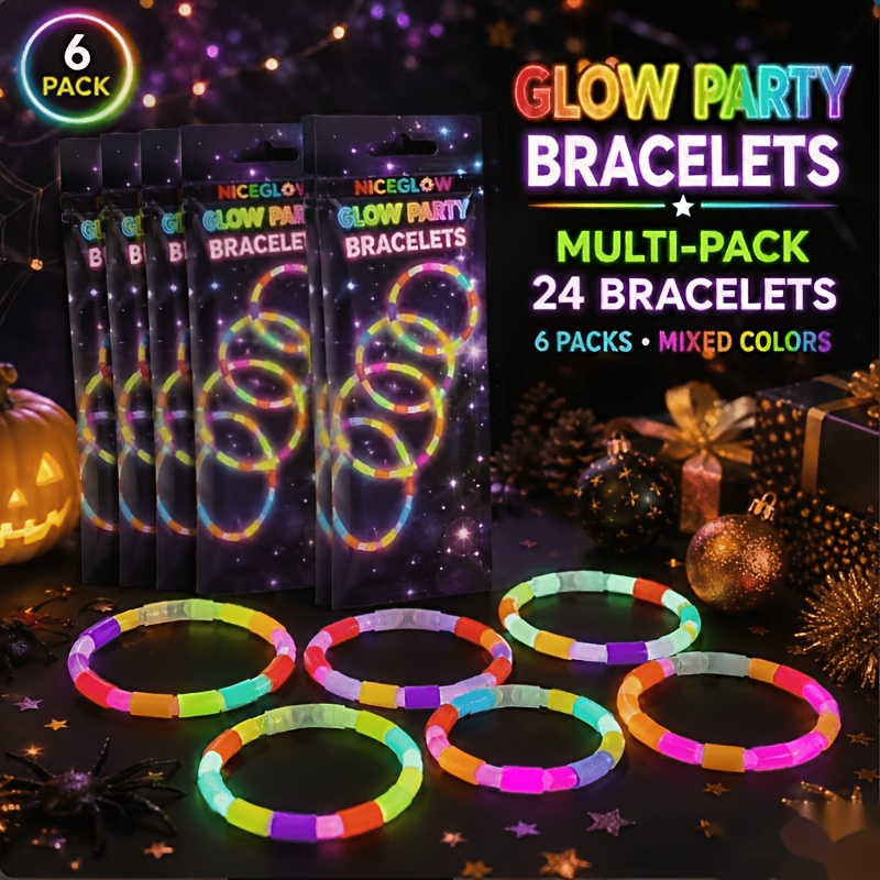 TEMU Fluorescent Party Supplies 24pcs 6pcs 6.5cm/2.6in Colorful Beaded Bracelets, -the-dark Bracelet Set, Neon Wristbands, Mixed Color Bright Favor